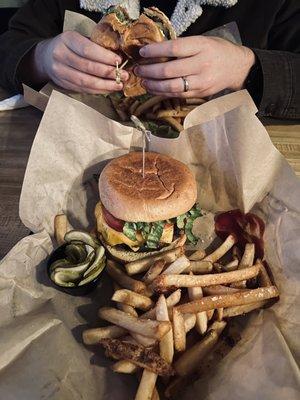 My main street burger with a side of extra pickles and my husband's bistro burger.