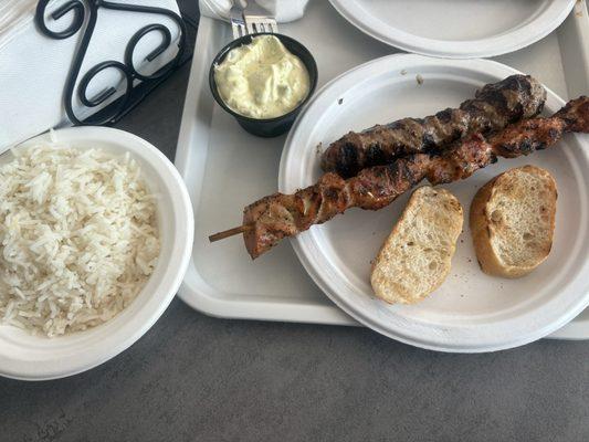 Skewer soulaki chicken and soutzoukaki with white rice and extra small GB sauce