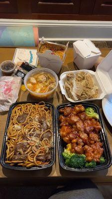 General Tso's, Beef Lo Mein, Steamed Pork Dumplings, Hot and Sour Soup, Pork Fried Rice, Pork Egg Rolls