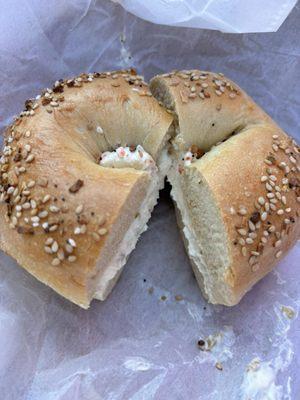 everything bagel toasted with olive pimento cream cheese