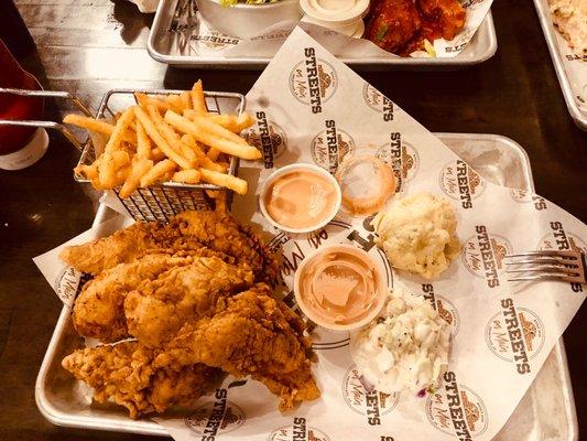 Battered Chicken tenders with fries and homemade sauces