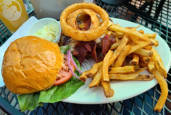 Smokehouse Burger w/ fries & pineapple slaw.