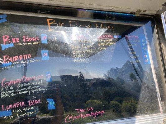 Menu, rice bowl w/ choice meats, extras like lumpia!