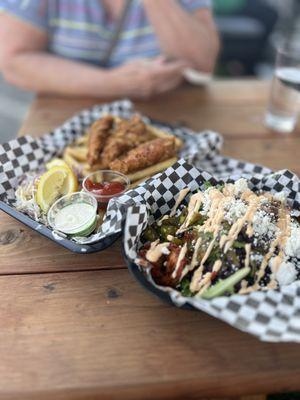 Fish and chips and bulgogi salad