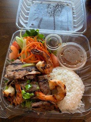 Pork rice plate with shrimp to-go