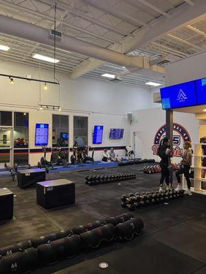 Gym space + equipment (exercise bikes, kettlebells, Y-Bells, DBs, boxes)