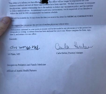 Georgetown Pediatrics and Family Medicine Termination of Care letter for delaying one vaccine.