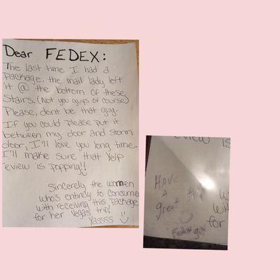 Love this fedex guy! What a wonderful experience!!! He did put the package in between the doors and what a pleasant fedex guy made my day.