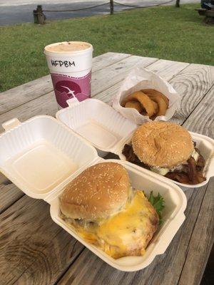 1/2 lb Cheesehead burger & 1/2 lb Alby burger with hot fudge peanut butter malt and onion rings