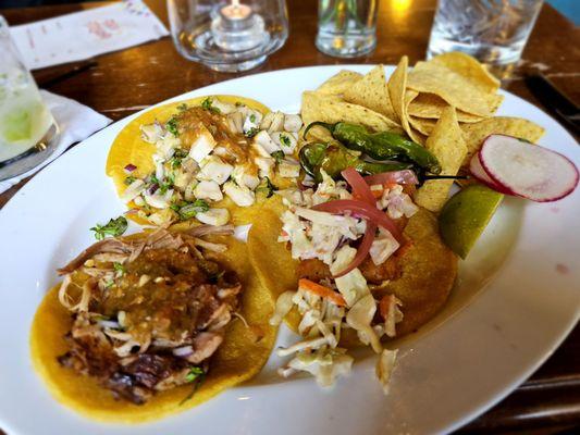 Carnitas, Pollo, and fish. All delicious.