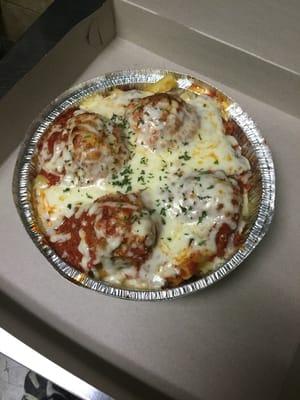 Homemade meatball parm with ziti