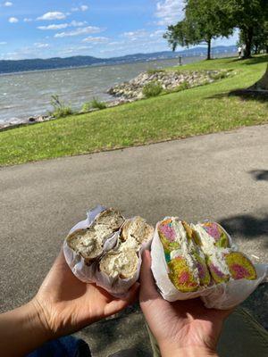 Rainbow bagel with cream cheese and everything bagel with garlic and herb cream cheese