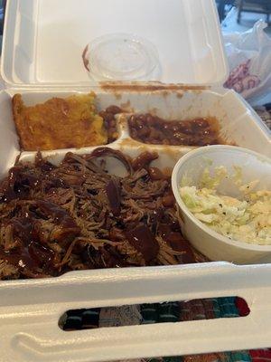 Brisket, baked beans, Cole slaw and corn bread.