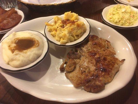 Pork Choo and mac & cheese and mashed potatoes