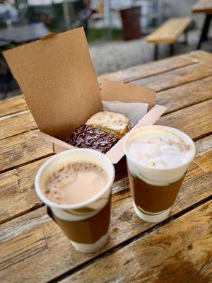 Hot coffee, really hot chocolate, salted caramel brownie and lemon scone.