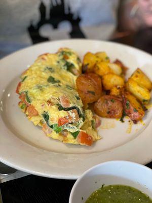 Veggie omelette with homemade mild green salsa