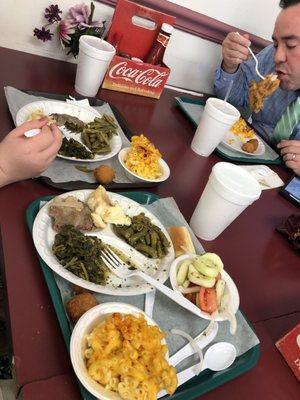 Meat and two veg and 4 veggie plate sharing!