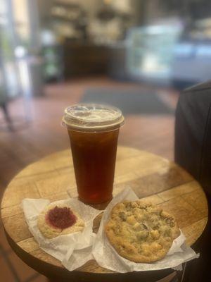 Cold tea and two cookies