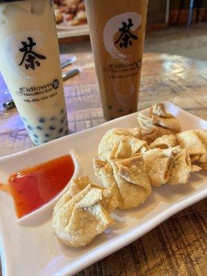 Crab Rangoon, peach boba and Thai tea boba