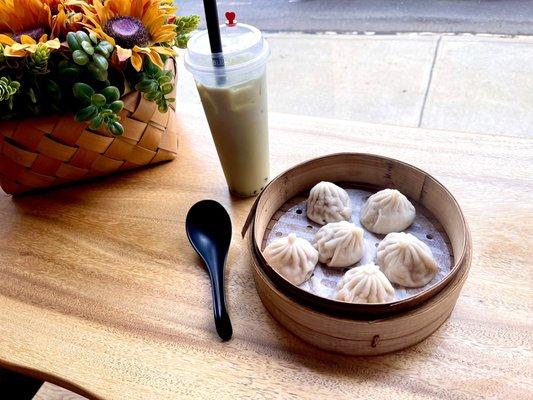 Pork Dumpling and Matcha Latte Bubble Tea