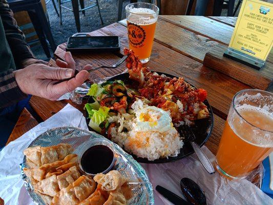 Spicy Pork Bulgogi Plate, Crispy pork Pot Stickers, Hazy IPA.