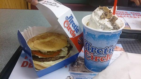 Mushroom Swiss Burger and Almond Rocha Malt.