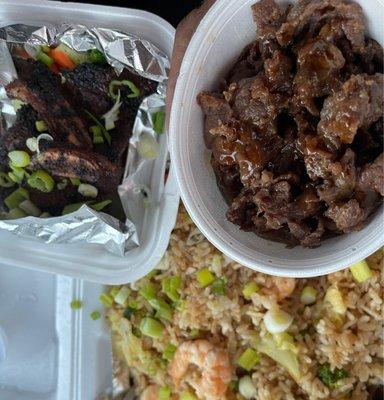 Shrimp fried rice side of beef (same as bulgoogi) & Galbi (short ribs)