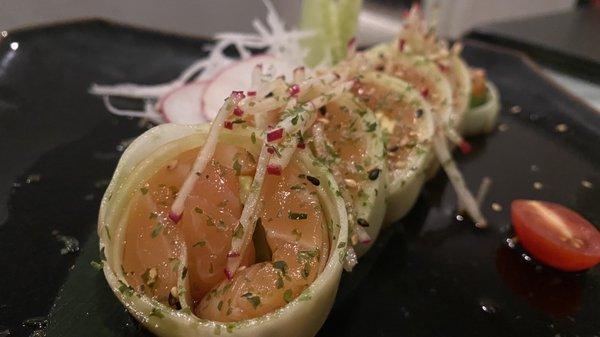 Naruto salmon cucumber wrapped salmon in ponzu