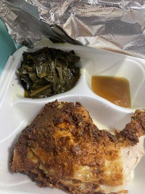 Friend chicken Fried Leg Quarter Plate with Collard Greens and Lima beans (not shown)