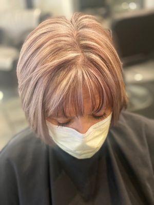 Highlights, cut, low lights, foils, haircut, bangs, grey blending