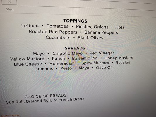 These are the toppings that they list - everything but onions.  You only gave me pickles, tomato and cucumbers