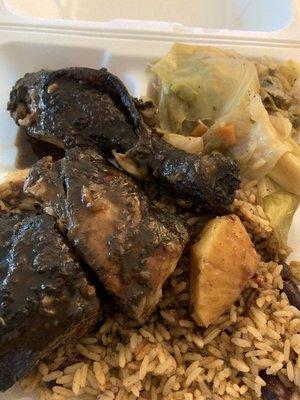 Jerk Chicken w/ Rice and peas and Cabbage