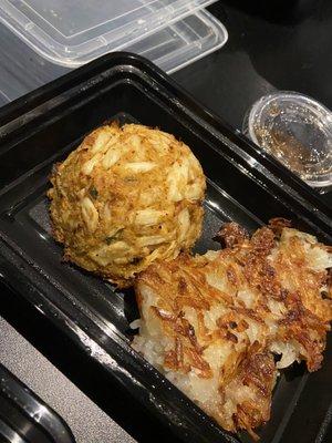 Crab cake and hash browns