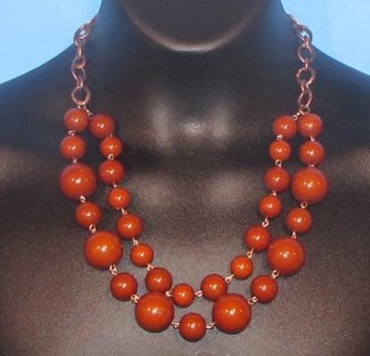 Necklace-Wooden Beads and Bronze plated Chain-linked