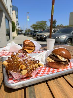 Breakfast burger, cowboy burger, chili fries