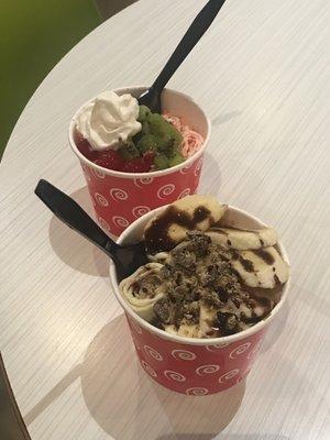 Original + Cherries: kiwi, cherries, whipped cream. (Bottom) Monkey Joke: chopped Reese's cups, banana, chocolate syrup.