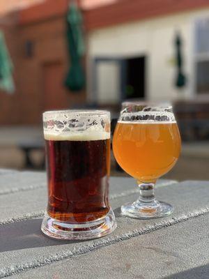 Cantaloupe Gose on right and It Takes a Tribe red ale on the left. So yummy! On the back patio December 30 outside in the sun.