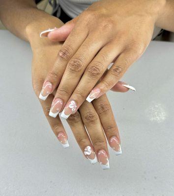 French tip acrylic set with pearls and 3D sculpted flowers