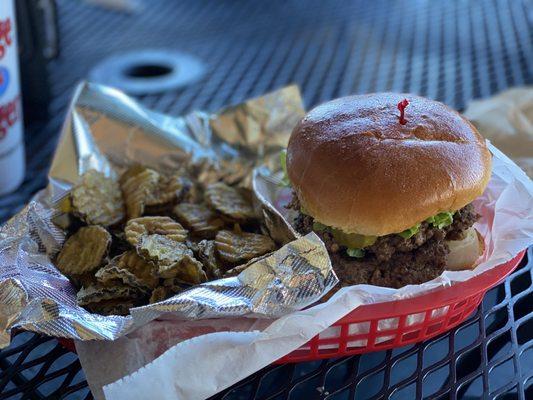 The Village Burger and Fried pickle chips.