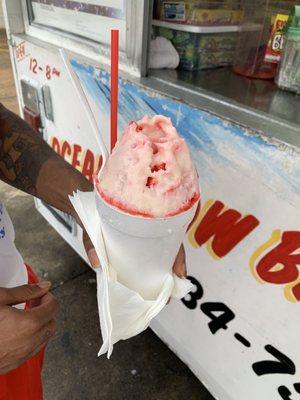 Red velvet cake and strawberry cheesecake with 2 scoops of ice cream and condensed milk