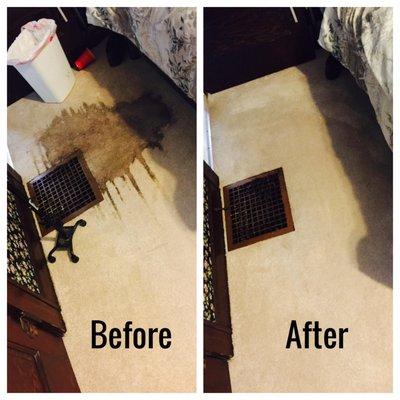 Carpet Cleaning.  This was a tough stain in a bedroom that we were able to remove and make the carpet look new again.