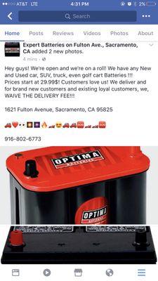 Our batteries start at 29.99$  We guarantee lowest prices in the entire Sacramento area, if not, entire CA!