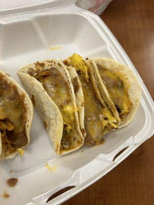 Breakfast tacos, $2.50 each.  Very generous with the ingredients.