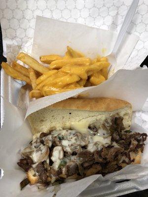 Philly Cheese Steak Sandwich with Cheese Fries (cheese is optional & additional price)