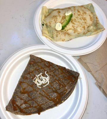 Front: GLUTEN FREE Sweet Columbian Crepe (mozz+dulce de leche). Back: Regular Chicken Scallion