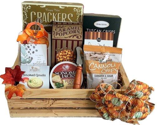 Wooden Gourmet Fall Gift with Delicious Gourmet Goodies.