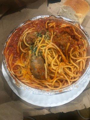 Spaghetti and meatballs w added sausage