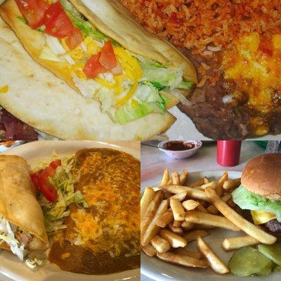 Chicken Deep Fried Flour Tacos, chicken enchiladas, California Burger, Mexican Rice, Refried Beans