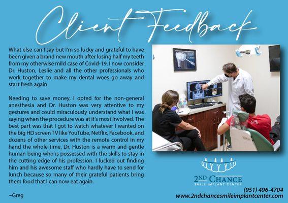 We love customer feedback!  Here is what one of our clients had to say about their experience with Dr. Huston and 2nd Chance!