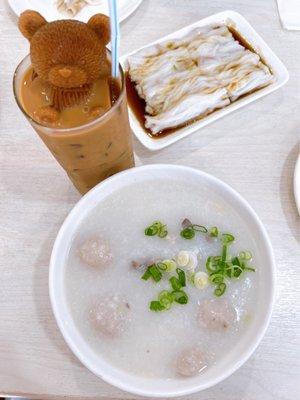 iced milk tea with bear, mixed pork porridge, beef rice roll